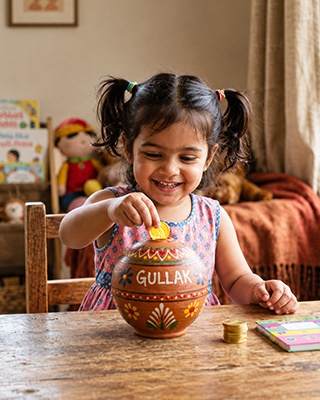 Cute Indian child saving in piggy bank